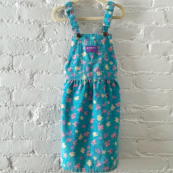 OshKosh B'gosh Other - Vintage Oshkosh B’Gosh Corduroy Overall Jumper Dress 6 Blue Pink Floral USA Made